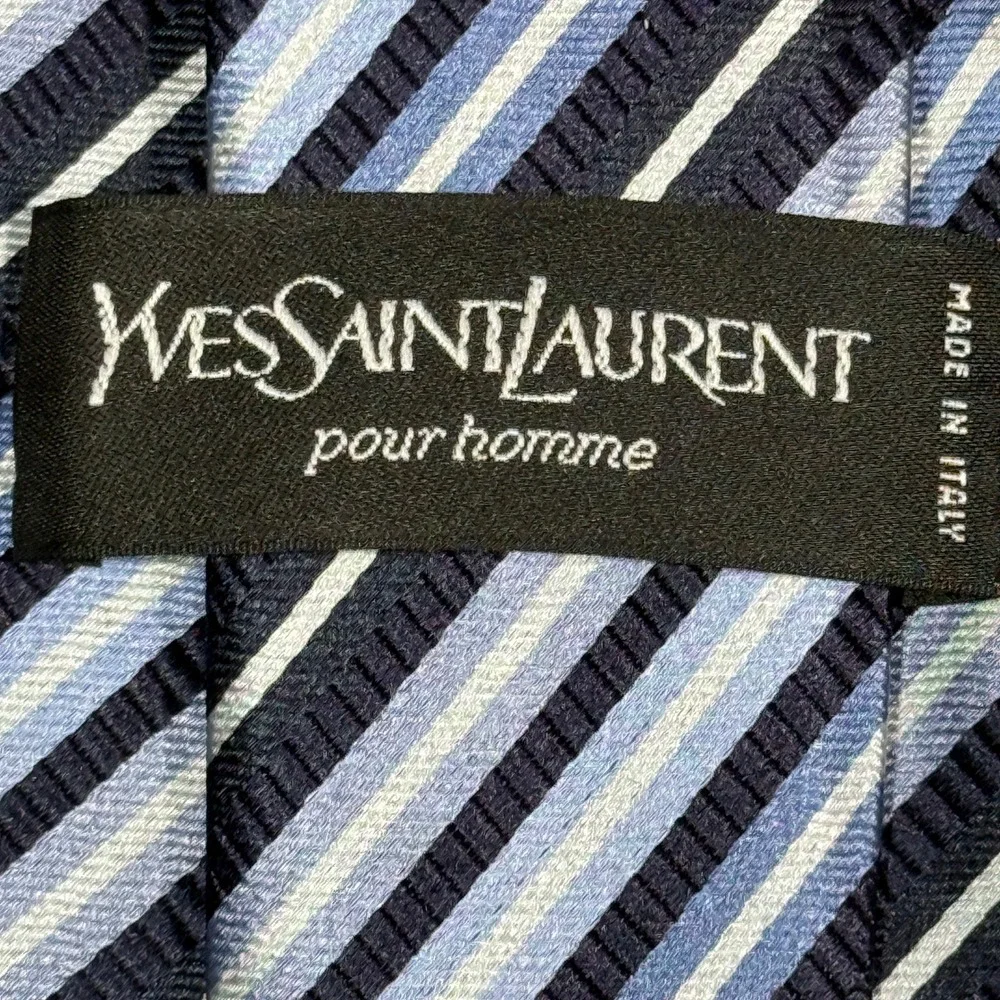 Vintage Yves Saint Laurent Pour Homme Silk Striped Necktie‎ Blue Silver Designer